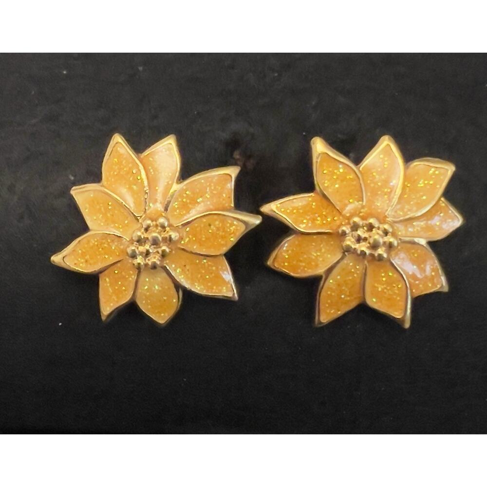Vintage Avon Poinsettia Flower Earrings Womens Gold Tone Orange Enamel Glitter